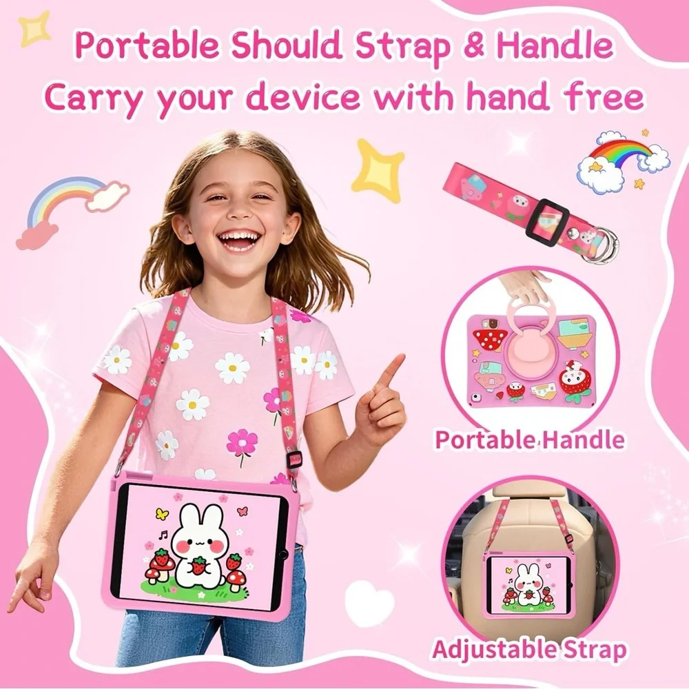 Kids iPad Case 11 10.9 Inch Pink Strawberry Stand Strap 10th 11th Gen